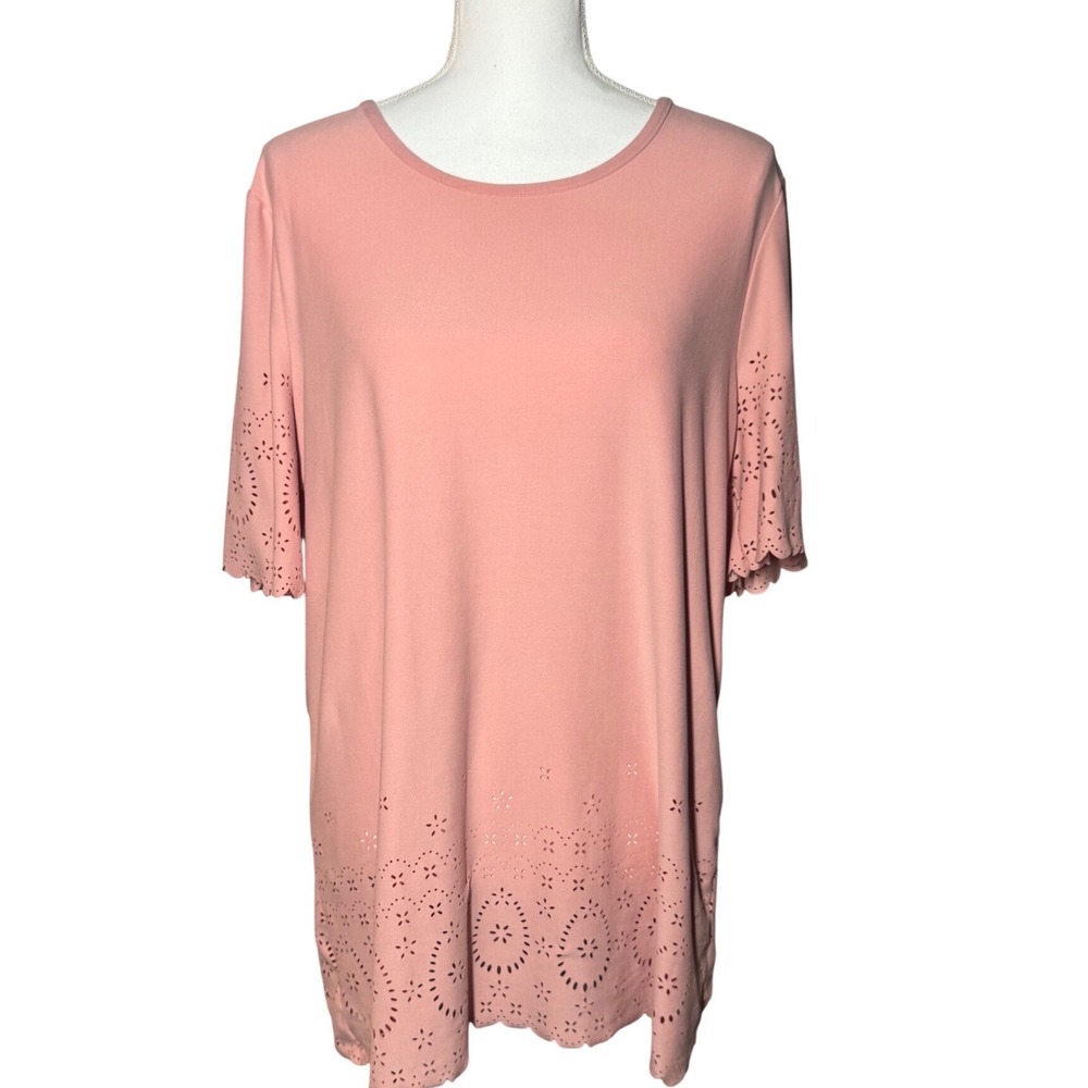 Hannah Laser Cut Eyelet Blouse L Pink Short Sleeve Scalloped Hem